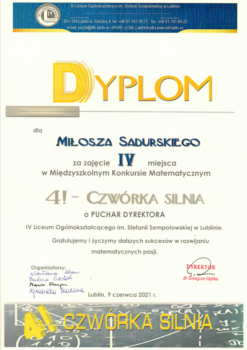Dyplom Miłosza Sadurskiego za zajecie IV miejsca w Międzyszkolnym Konkursie Matematycznym "4! - CZWÓRKA SILNIA"