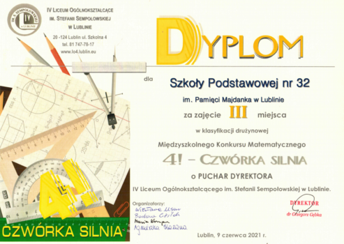 Dyplom dla Szkoły Podstawowej 32 w Lublinie za III miejsce w Międzyszkolnym Konkursie Matematycznym"4! - CZWÓRKA SILNIA"
