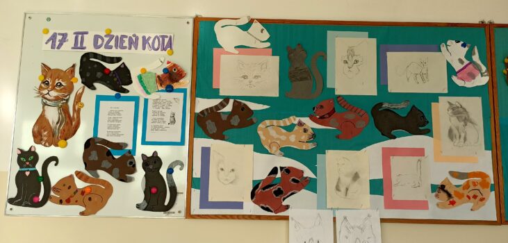 Kolaż ze zdjęciami przedstawiającymi wykonane przez uczniów w świetlicy szkolnej koty. Na obrazkach znajdują się koty w różnych kolorach i różnych  pozycjach: siedzące, leżące.