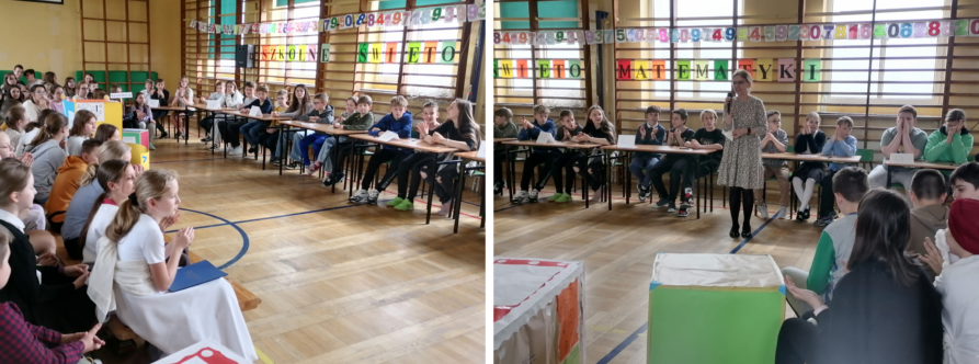 Kolejne zdjęcia przedstawiające uczniów siedzących przy stolikach. Nauczyciel objaśnia, jak będzie przebiegał konkurs