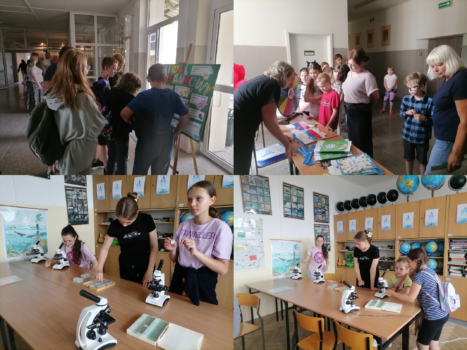 Kolaż 4 zdjęć przedstawiających uczniów uczestniczących w zajęciach  z biologii - przy mikroskopach, uczniów oglądających plan zajęć pikniku oraz zajęć europejskich.
