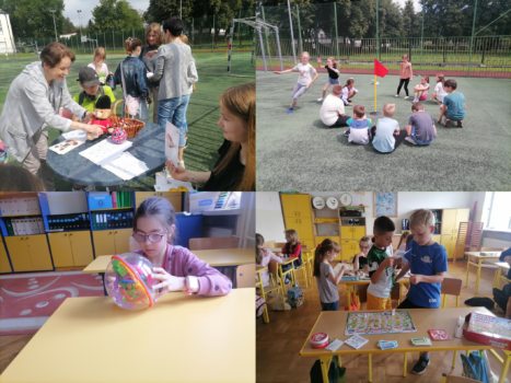 Kolaż 4 zdjęć przedstawiających zabawy językowe z angielskiego na boisku szkolnym oraz zajęcia uczniów I etapu edukacyjnego - gry, łamigłówki.
