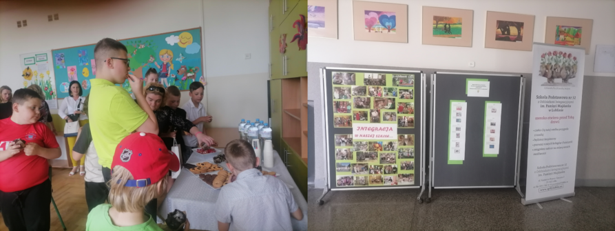 2 zdjęcia przedstawiające poczęstunek oraz wystawę ze zdjęciami pt. "Integracja w naszej szkole"